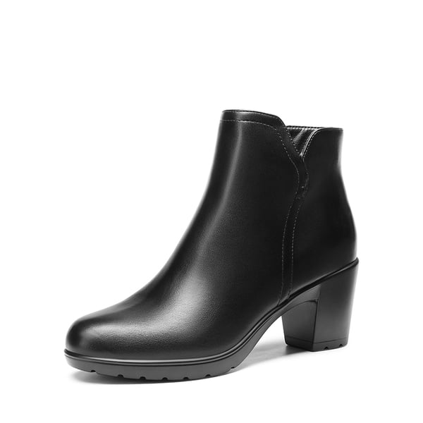 [Stand All Day Boots] Almond Toe Block Heel Ankle Booties - BLACK-PU -  0