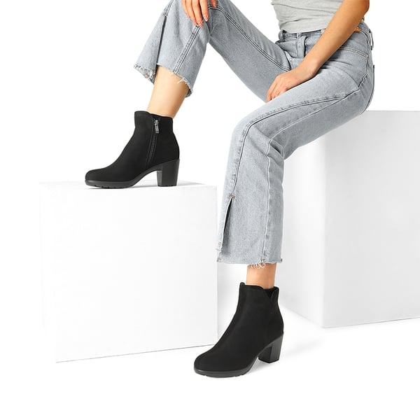 [Stand All Day Boots] Almond Toe Block Heel Ankle Booties - BLACK-SUEDE - 2