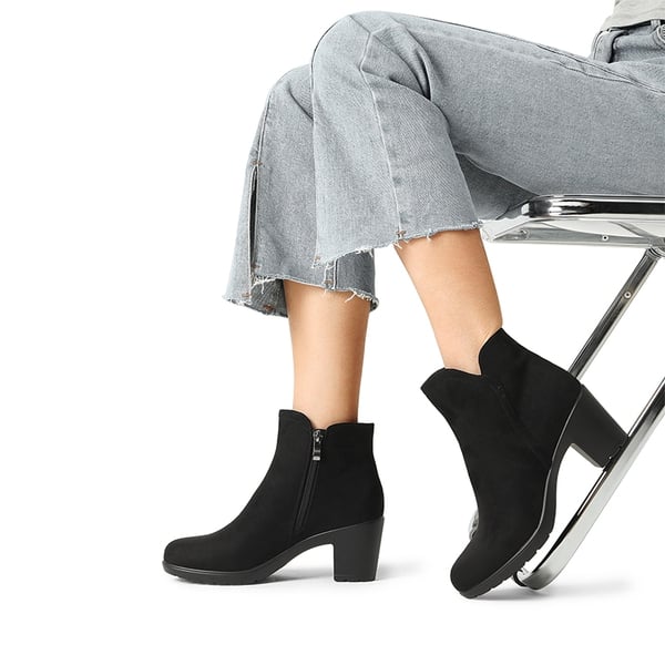 [Stand All Day Boots] Almond Toe Block Heel Ankle Booties - BLACK-SUEDE - 1