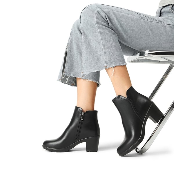 [Stand All Day Boots] Almond Toe Block Heel Ankle Booties - BLACK-PU - 1