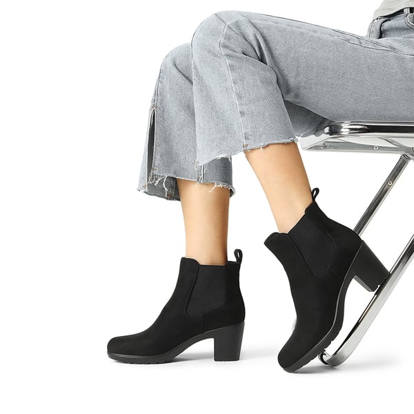 [Stand All Day Boots] Almond Toe Chunky Chelsea Boots - BLACK-SUEDE - 1