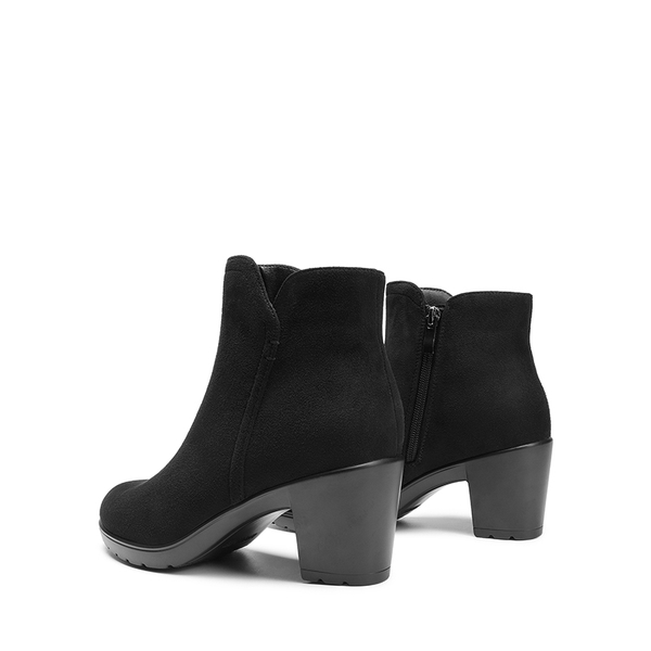 [Stand All Day Boots] Almond Toe Block Heel Ankle Booties - BLACK-SUEDE - 5