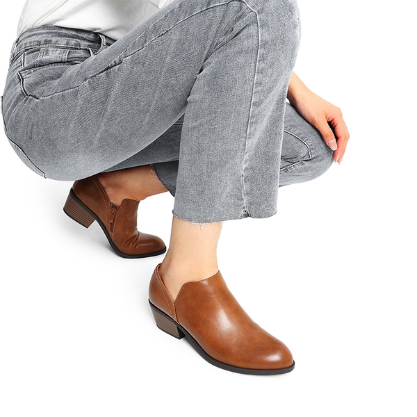 Side Zip Slip On Booties - BROWN-PU - 1