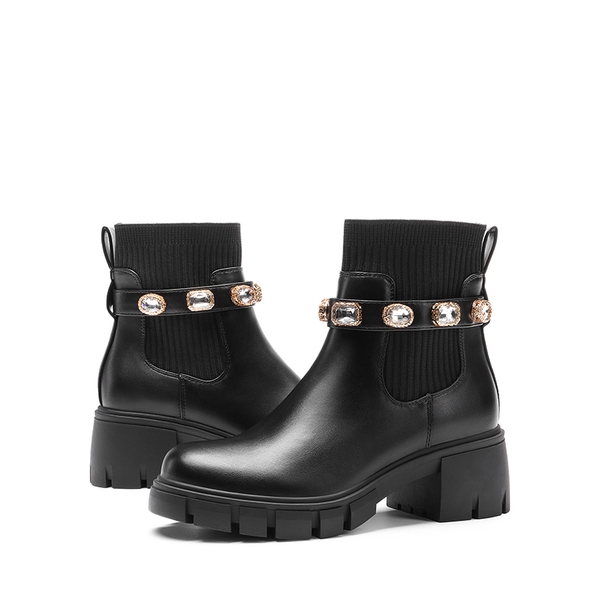 Removable Rhinestone Strap Chunky Chelsea Boots - BLACK - 5