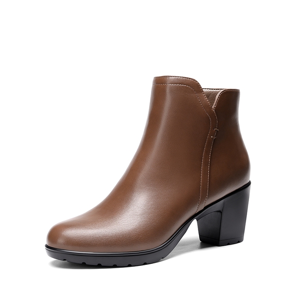 [Stand All Day Boots] Almond Toe Block Heel Ankle Booties - TAN-PU -  0