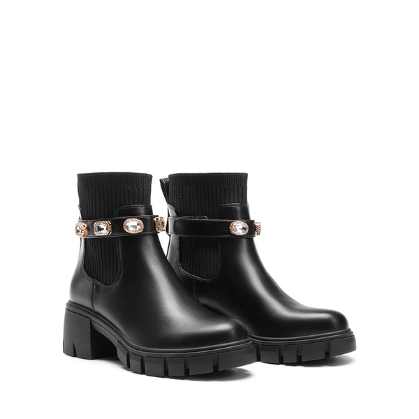 Removable Rhinestone Strap Chunky Chelsea Boots - BLACK - 7