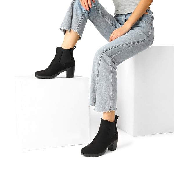 [Stand All Day Boots] Almond Toe Chunky Chelsea Boots - BLACK-SUEDE - 2