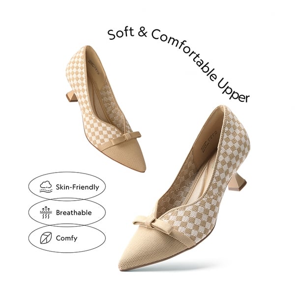 Comfortable Dressy Bow Pumps - BEIGE GRID - 2