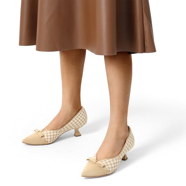 Comfortable Dressy Bow Pumps - BEIGE GRID - 1