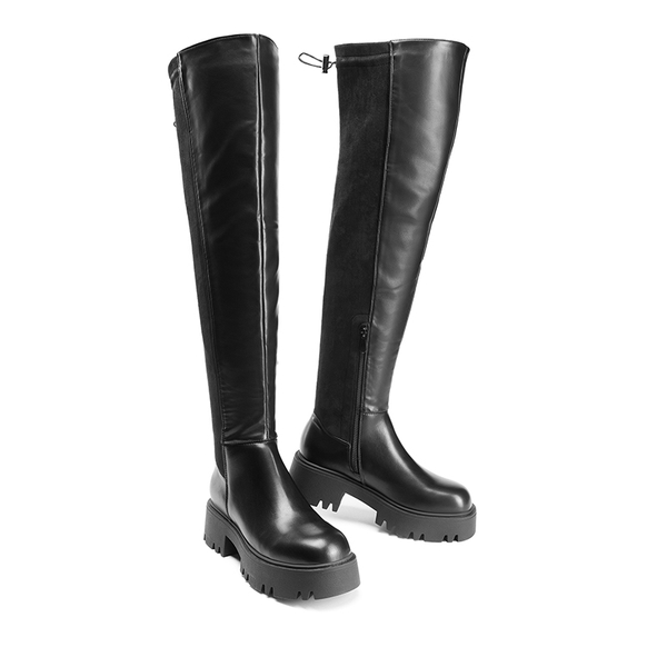 Lug Sole Over The Knee Boots - BLACK-PU-SUEDE - 4