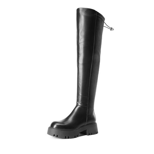 Lug Sole Over The Knee Boots - BLACK-PU-SUEDE -  0