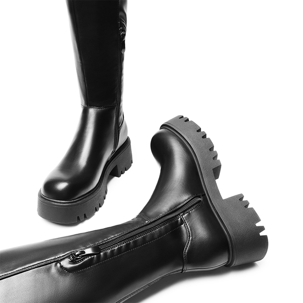 Lug Sole Over The Knee Boots - BLACK-PU - 6