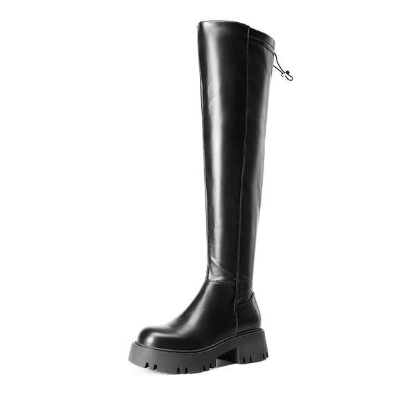 Lug Sole Over The Knee Boots - BLACK-PU -  0