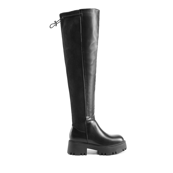 Lug Sole Over The Knee Boots - BLACK-PU-SUEDE - 3