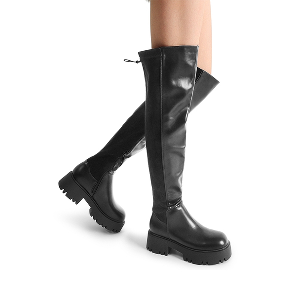Lug Sole Over The Knee Boots - BLACK-PU-SUEDE - 2
