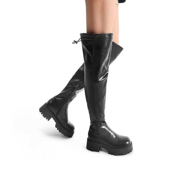 Lug Sole Over The Knee Boots - BLACK-PU - 2