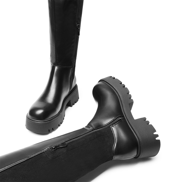 Lug Sole Over The Knee Boots - BLACK-PU-SUEDE - 5