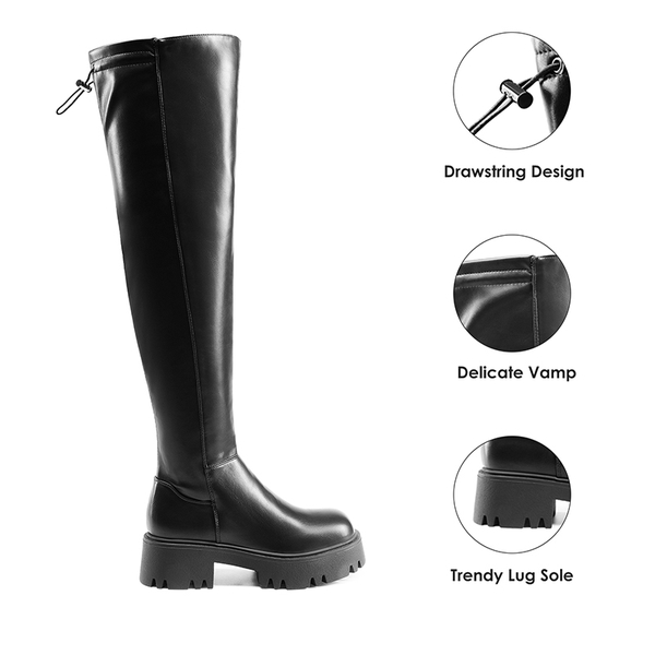 Lug Sole Over The Knee Boots - BLACK-PU - 7