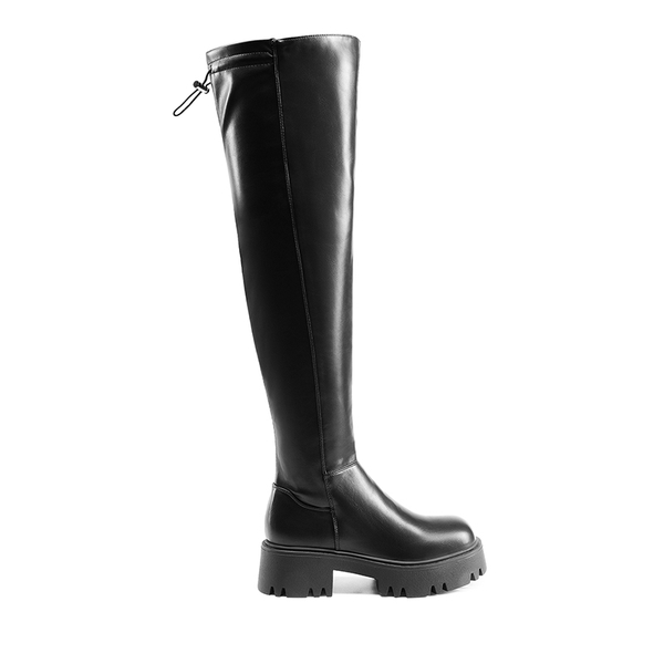Lug Sole Over The Knee Boots - BLACK-PU - 4