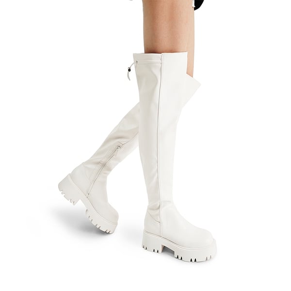Lug Sole Over The Knee Boots - WHITE-PU - 1