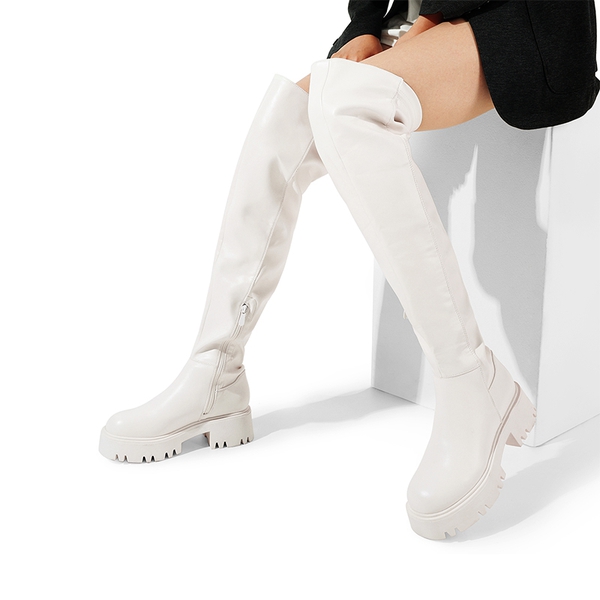 Lug Sole Over The Knee Boots - WHITE-PU - 2