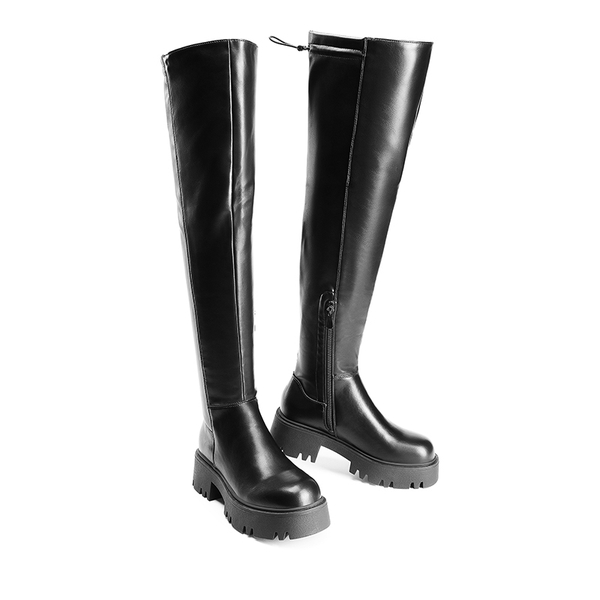Lug Sole Over The Knee Boots - BLACK-PU - 5