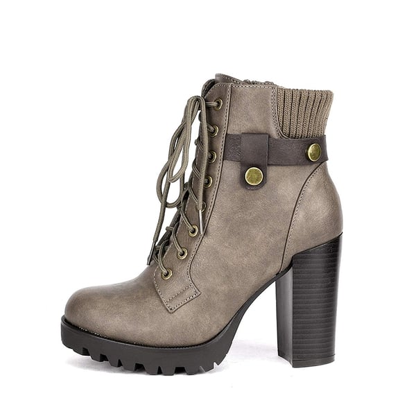 Chunky Round-Toe High Heel Ankle Boots - KHAKI - 2