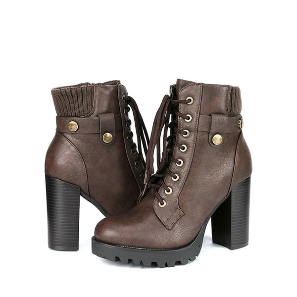 Chunky Round-Toe High Heel Ankle Boots - BROWN - 3