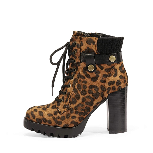 Chunky Round-Toe High Heel Ankle Boots - LEOPARD - 1