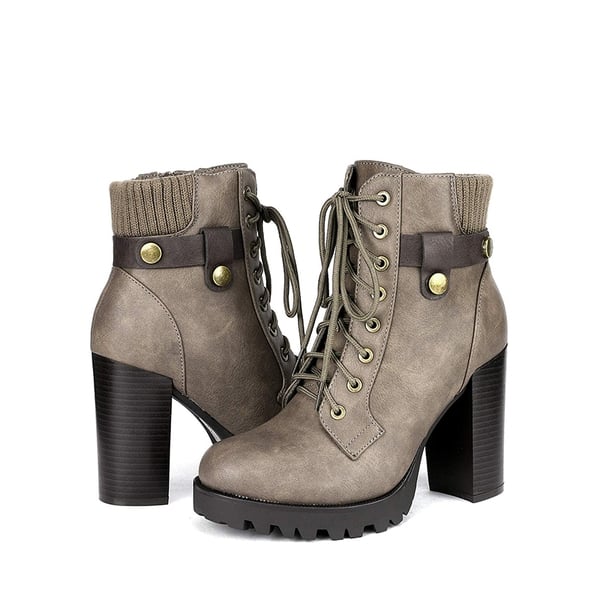 Chunky Round-Toe High Heel Ankle Boots - KHAKI - 3