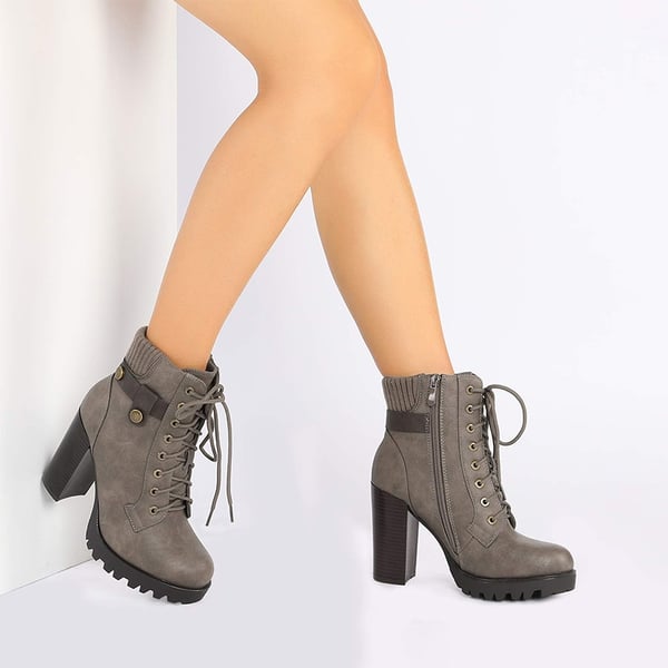 Chunky Round-Toe High Heel Ankle Boots - KHAKI - 1