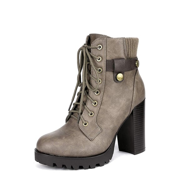 Chunky Round-Toe High Heel Ankle Boots - KHAKI -  0