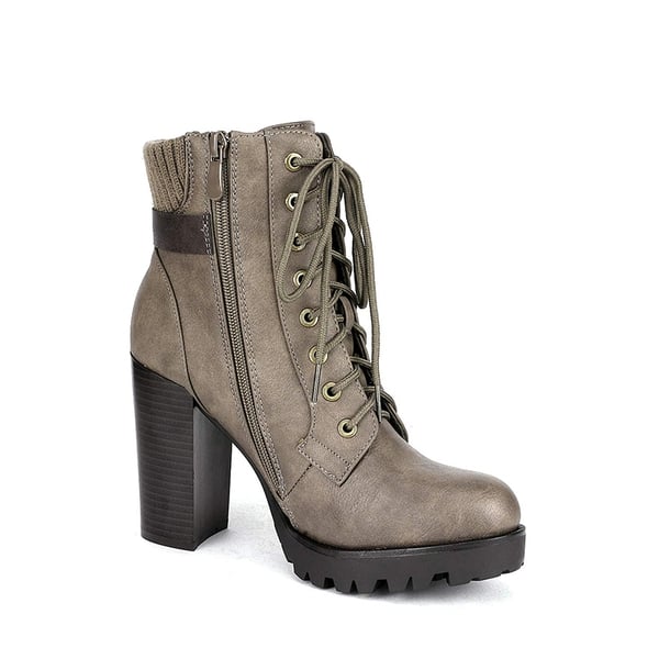 Chunky Round-Toe High Heel Ankle Boots - KHAKI - 4