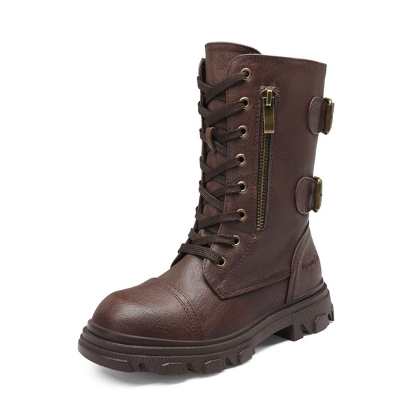Girls Vegan Leather Combat Ankle Boots - BROWN -  0
