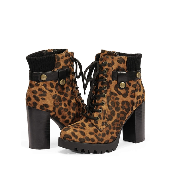 Chunky Round-Toe High Heel Ankle Boots - LEOPARD - 3
