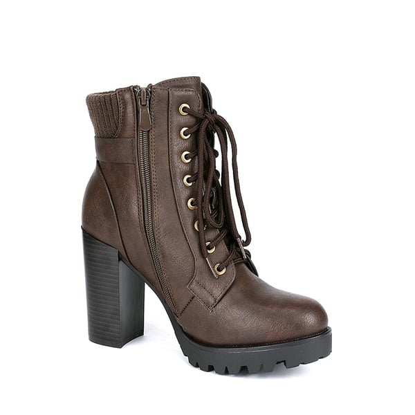 Chunky Round-Toe High Heel Ankle Boots - BROWN - 4