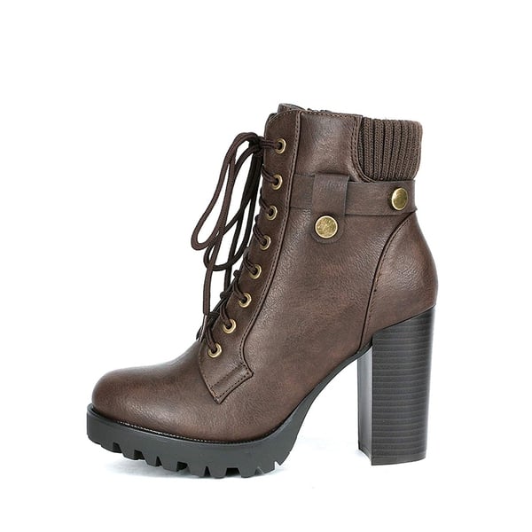 Chunky Round-Toe High Heel Ankle Boots - BROWN - 2