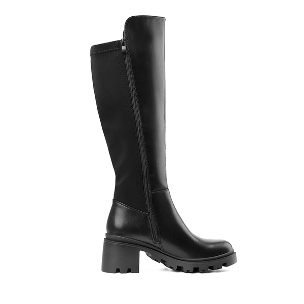 Vegan Leather Chunky Stretch Knee-High Boots - BLACK - 3