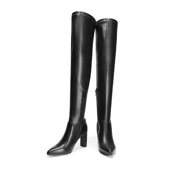 Stretch Thigh-High Boots - BLACK-PU - 4