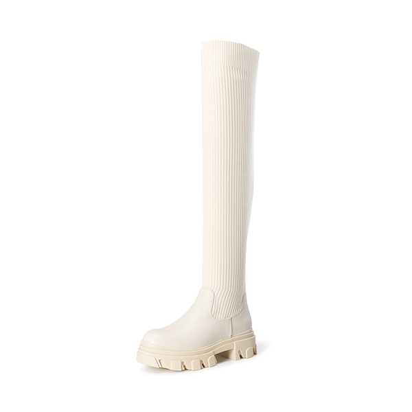 Knitted Lug Sole Over-The-Knee Boots - BEIGE -  0