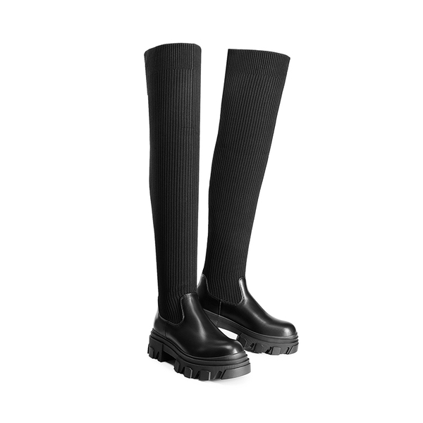 Knitted Lug Sole Over-The-Knee Boots - BLACK - 5