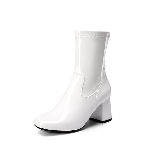 Mid Calf Square-Toe Gogo Boots - WHITE-PAT -  0