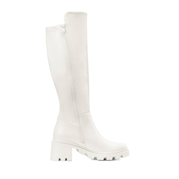 Vegan Leather Chunky Stretch Knee-High Boots - WHITE - 3