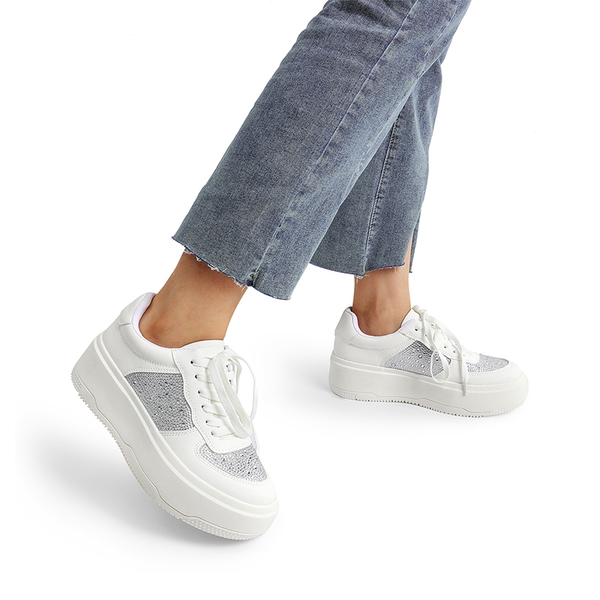 Rhinestone Platform Sneakers - WHITE-RHINESTONE - 1