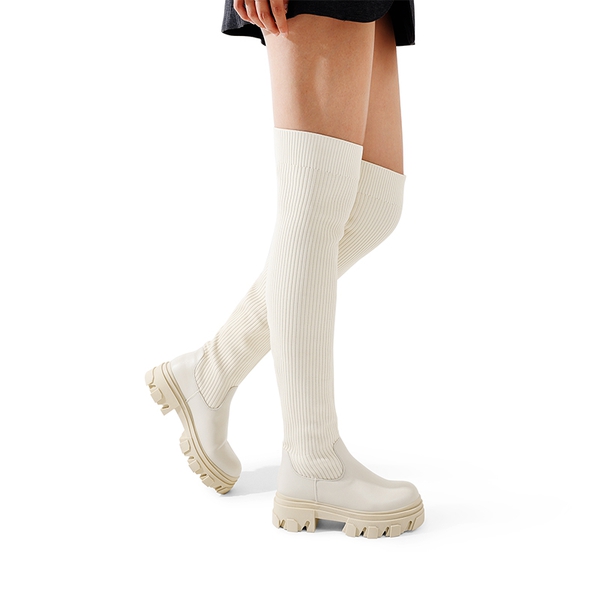 Knitted Lug Sole Over-The-Knee Boots - BEIGE - 2