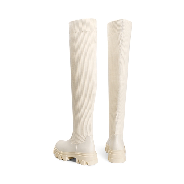 Knitted Lug Sole Over-The-Knee Boots - BEIGE - 4