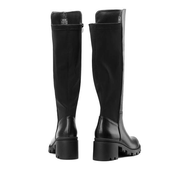 Vegan Leather Chunky Stretch Knee-High Boots - BLACK - 4