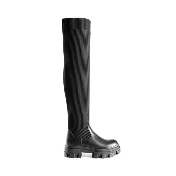 Knitted Lug Sole Over-The-Knee Boots - BLACK - 3