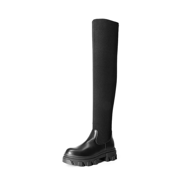 Knitted Lug Sole Over-The-Knee Boots - BLACK -  0