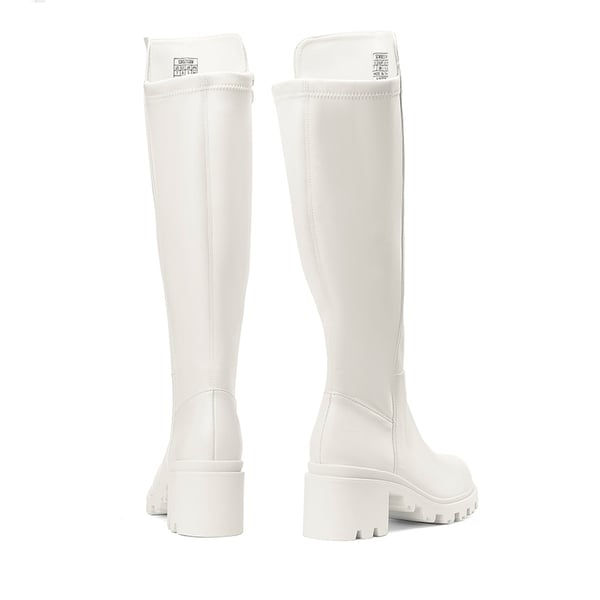 Vegan Leather Chunky Stretch Knee-High Boots - WHITE - 4